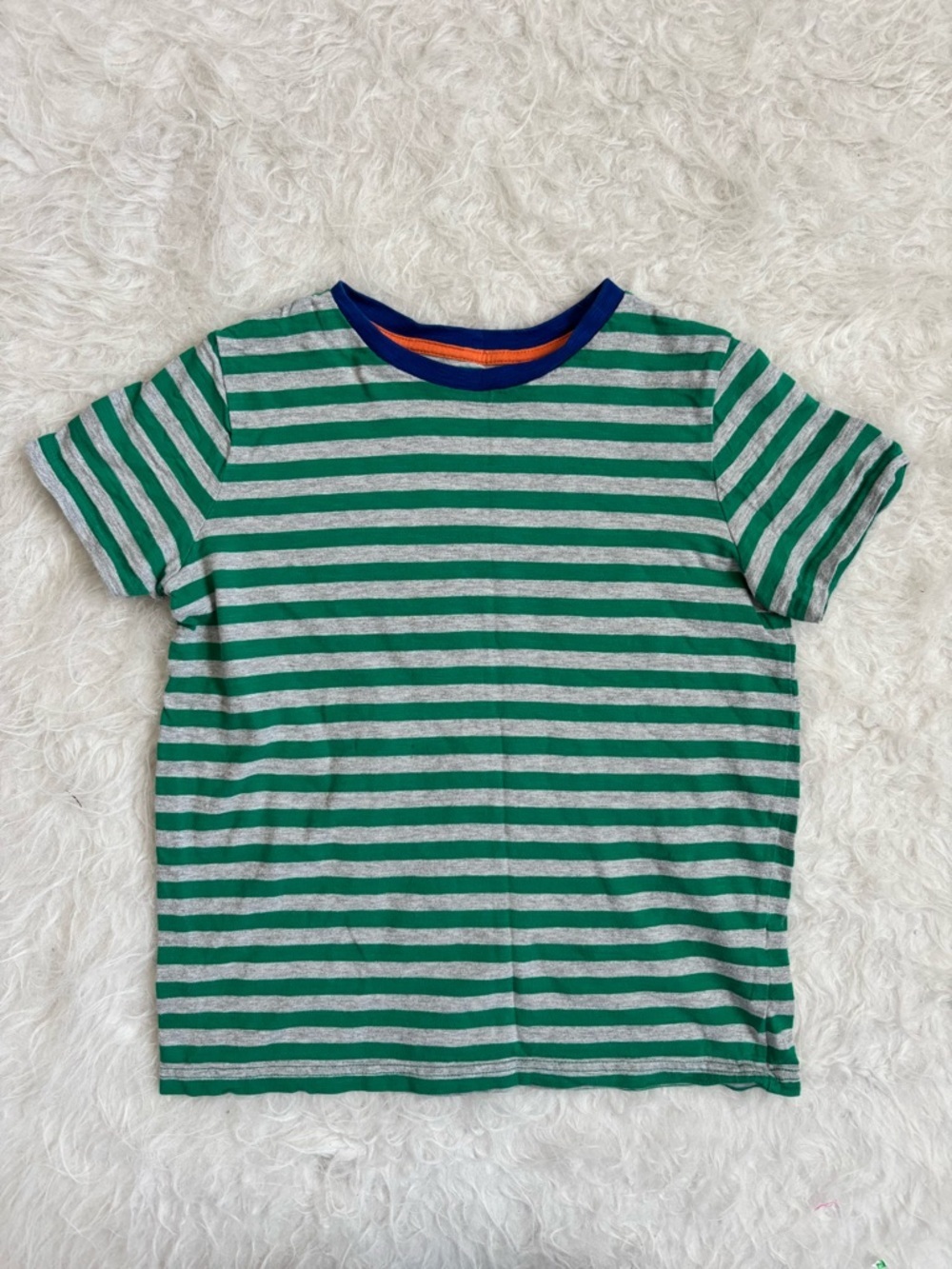 Boden Boys Classic Green & Gray Striped Durable Tee with Blue Neck